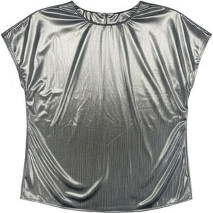 Jeri Marque Vintage Metallic Silver Foil Knit Blouse Padded Shoulder USA Medium